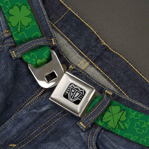 Buckle Down BD Wings Logo CLOSE-UP Full Color Black Silver Seatbelt Belt - St. Pat's Clovers Scattered2 Outline/Solid Greens Webbing