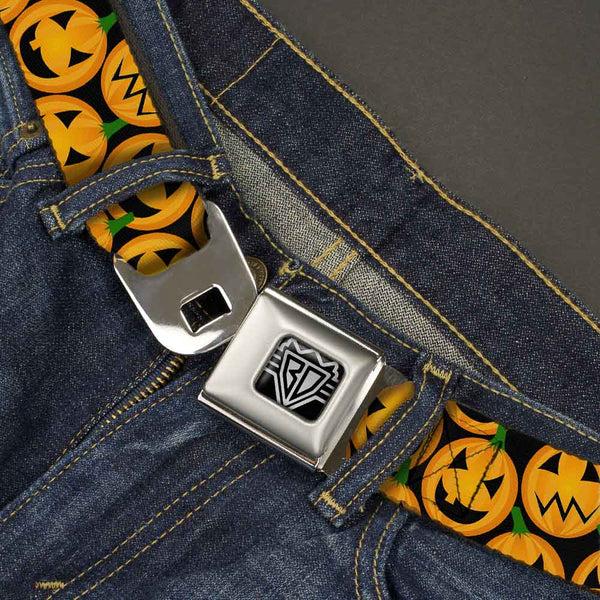 Buckle Down BD Wings Logo CLOSE-UP Full Color Black Silver Seatbelt Belt - Jack-o'-Lantern Collage Black Webbing