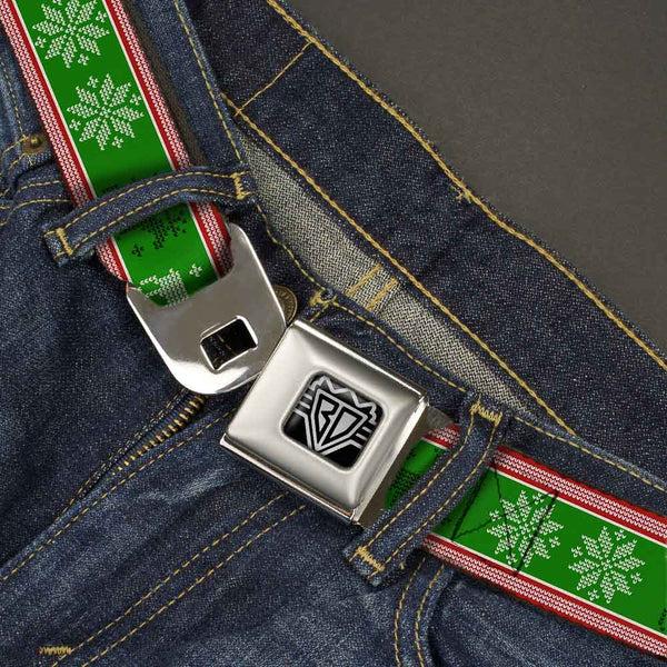 Buckle Down BD Wings Logo CLOSE-UP Full Color Black Silver Seatbelt Belt - Christmas Stitch Moose/Snowflakes Red/Green Webbing