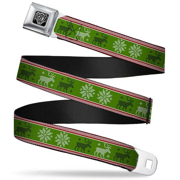 buckle down BD Wings Logo CLOSE-UP Full Color Black Silver Seatbelt Belt - Christmas Stitch Moose/Snowflakes Red/Green Webbing