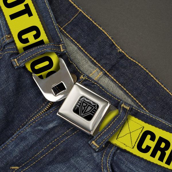 Buckle Down BD Wings Logo CLOSE-UP Full Color Black Silver Seatbelt Belt - CRIME SCENE DO NOT CROSS Yellow/Black Webbing