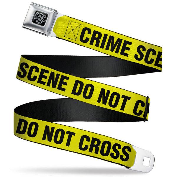 buckle down BD Wings Logo CLOSE-UP Full Color Black Silver Seatbelt Belt - CRIME SCENE DO NOT CROSS Yellow/Black Webbing