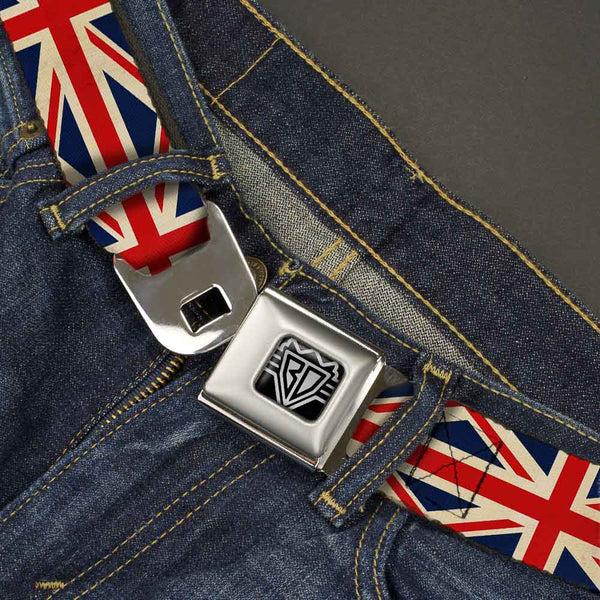 Buckle Down BD Wings Logo CLOSE-UP Full Color Black Silver Seatbelt Belt - Vintage United Kingdom Flags Webbing