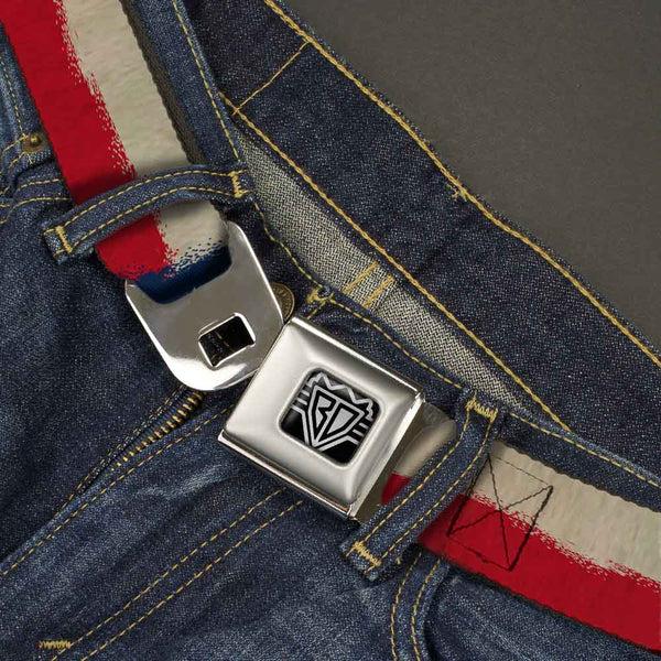 Buckle Down BD Wings Logo CLOSE-UP Full Color Black Silver Seatbelt Belt - Texas Flag CLOSE-UP Distressed Painting Webbing