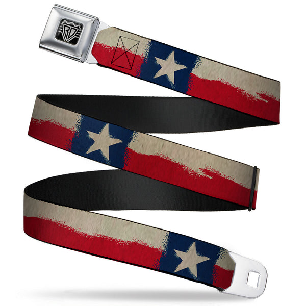 buckle down BD Wings Logo CLOSE-UP Full Color Black Silver Seatbelt Belt - Texas Flag CLOSE-UP Distressed Painting Webbing
