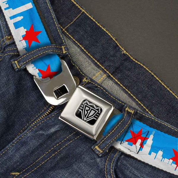 Buckle Down BD Wings Logo CLOSE-UP Full Color Black Silver Seatbelt Belt - Chicago Skyline/Flag Distressed Black/White/Red Webbing