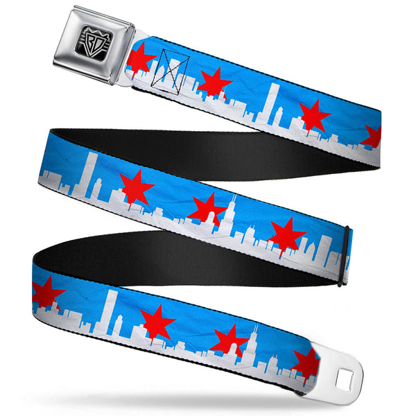 buckle down BD Wings Logo CLOSE-UP Full Color Black Silver Seatbelt Belt - Chicago Skyline/Flag Distressed Black/White/Red Webbing