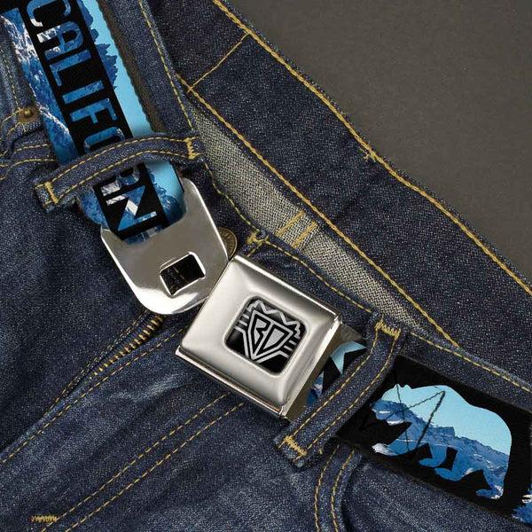 Buckle Down BD Wings Logo CLOSE-UP Full Color Black Silver Seatbelt Belt - CALIFORNIA REPUBLIC/Bear/Stars Silhouette Black/Scenic Mountains Webbing