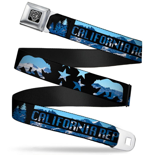 buckle down BD Wings Logo CLOSE-UP Full Color Black Silver Seatbelt Belt - CALIFORNIA REPUBLIC/Bear/Stars Silhouette Black/Scenic Mountains Webbing