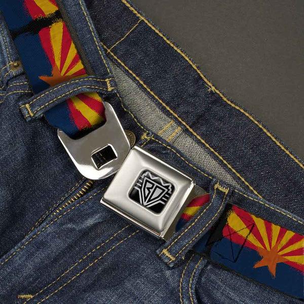 Buckle Down BD Wings Logo CLOSE-UP Full Color Black Silver Seatbelt Belt - Arizona Flag Distressed Painting Webbing