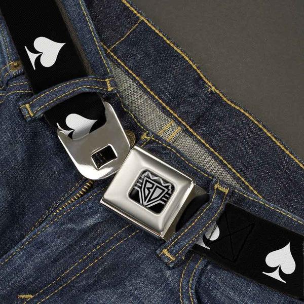 Buckle Down BD Wings Logo CLOSE-UP Full Color Black Silver Seatbelt Belt - Spade Black/White Webbing