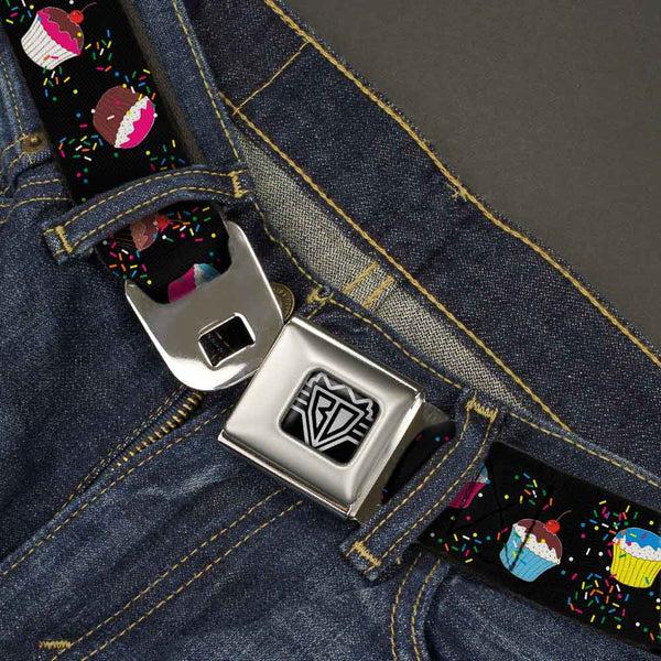 Buckle Down BD Wings Logo CLOSE-UP Full Color Black Silver Seatbelt Belt - Cupcake Sprinkles Black/Multi Color Webbing