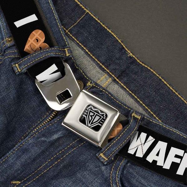 Buckle Down BD Wings Logo CLOSE-UP Full Color Black Silver Seatbelt Belt - I Heart Waffles Text Webbing