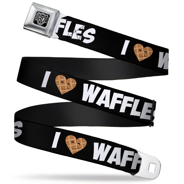 buckle down BD Wings Logo CLOSE-UP Full Color Black Silver Seatbelt Belt - I Heart Waffles Text Webbing