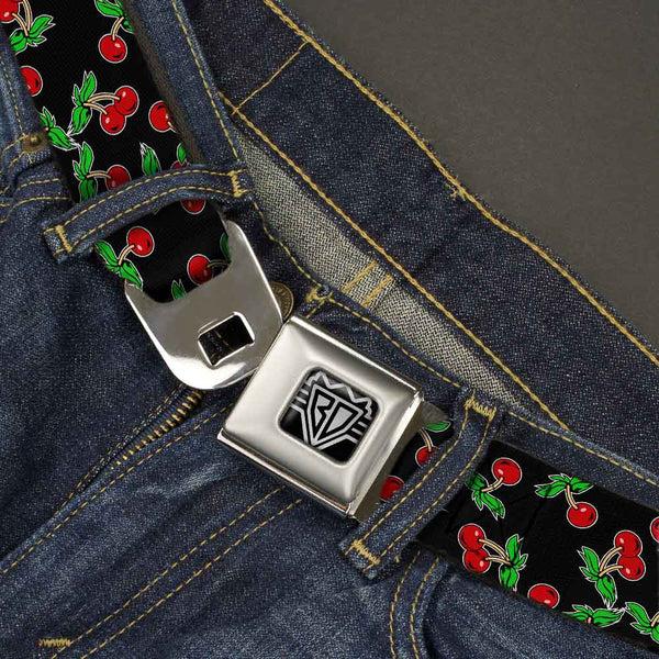 Buckle Down BD Wings Logo CLOSE-UP Full Color Black Silver Seatbelt Belt - Cherries Scattered Black Webbing