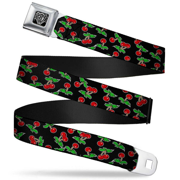 buckle down BD Wings Logo CLOSE-UP Full Color Black Silver Seatbelt Belt - Cherries Scattered Black Webbing