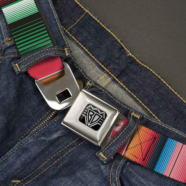 Buckle Down BD Wings Logo CLOSE-UP Full Color Black Silver Seatbelt Belt - Zarape5 Vertical Multi Color Stripe Webbing