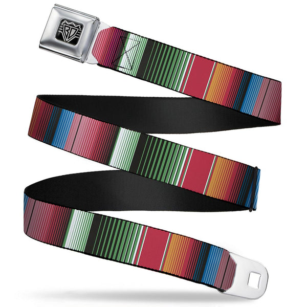 buckle down BD Wings Logo CLOSE-UP Full Color Black Silver Seatbelt Belt - Zarape5 Vertical Multi Color Stripe Webbing