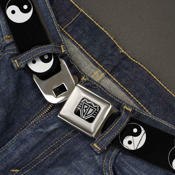 Buckle Down BD Wings Logo CLOSE-UP Full Color Black Silver Seatbelt Belt - Yin Yang Symbol Black/White Webbing