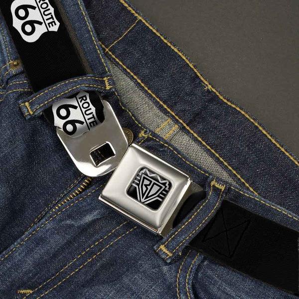 Buckle Down BD Wings Logo CLOSE-UP Full Color Black Silver Seatbelt Belt - ROUTE 66 Highway Sign Repeat Black/White Webbing