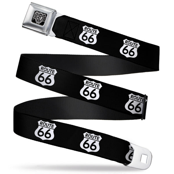 buckle down BD Wings Logo CLOSE-UP Full Color Black Silver Seatbelt Belt - ROUTE 66 Highway Sign Repeat Black/White Webbing