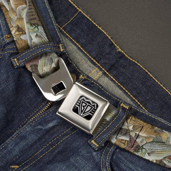 Buckle Down BD Wings Logo CLOSE-UP Full Color Black Silver Seatbelt Belt - Fishes Stacked Webbing