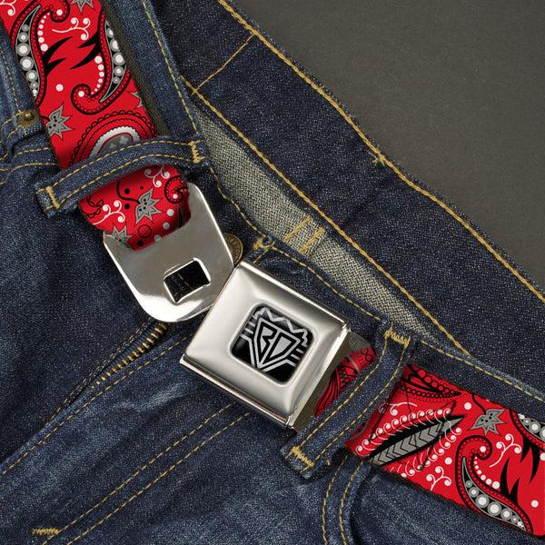 Buckle Down BD Wings Logo CLOSE-UP Full Color Black Silver Seatbelt Belt - Floral Paisley3 Red/Black/Gray/White Webbing
