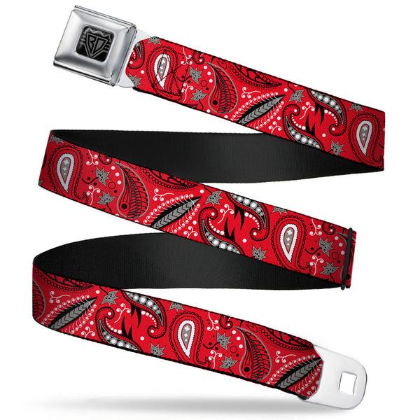 buckle down BD Wings Logo CLOSE-UP Full Color Black Silver Seatbelt Belt - Floral Paisley3 Red/Black/Gray/White Webbing