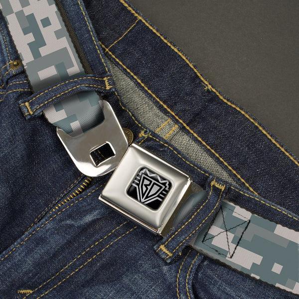 Buckle Down BD Wings Logo CLOSE-UP Full Color Black Silver Seatbelt Belt - Digital Camo2 Grays Webbing