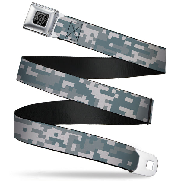 buckle down BD Wings Logo CLOSE-UP Full Color Black Silver Seatbelt Belt - Digital Camo2 Grays Webbing