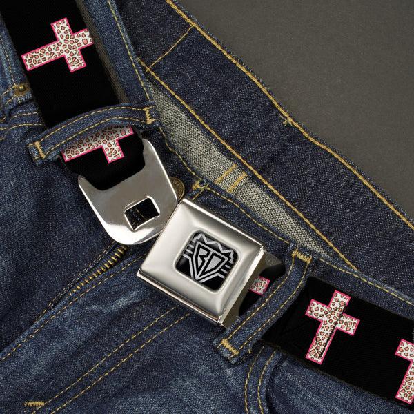 Buckle Down BD Wings Logo CLOSE-UP Full Color Black Silver Seatbelt Belt - Cross Repeat Black/Leopard Brown/Pink Outline Webbing