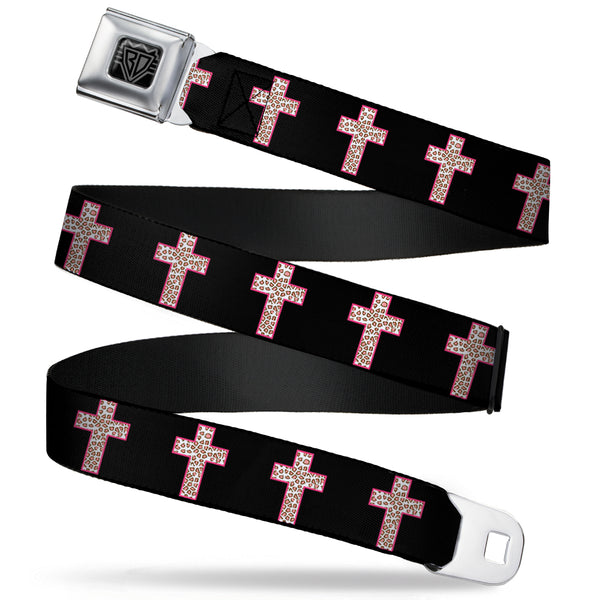 buckle down BD Wings Logo CLOSE-UP Full Color Black Silver Seatbelt Belt - Cross Repeat Black/Leopard Brown/Pink Outline Webbing