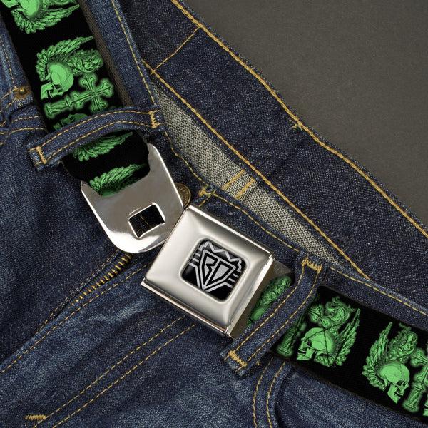 Buckle Down BD Wings Logo CLOSE-UP Full Color Black Silver Seatbelt Belt - BD Skulls W/Wings Black/Green Webbing