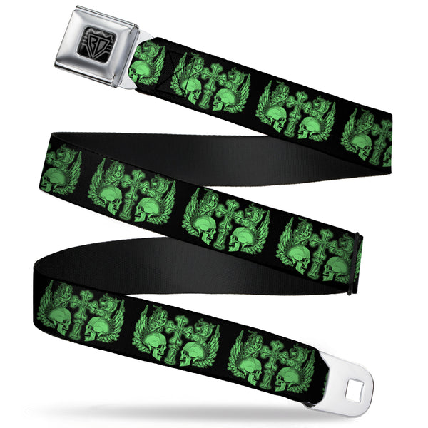 buckle down BD Wings Logo CLOSE-UP Full Color Black Silver Seatbelt Belt - BD Skulls w/Wings Black/Green Webbing