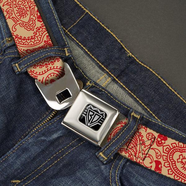 Buckle Down BD Wings Logo CLOSE-UP Full Color Black Silver Seatbelt Belt - Bandana/Skulls Gold/Scarlet Red Webbing