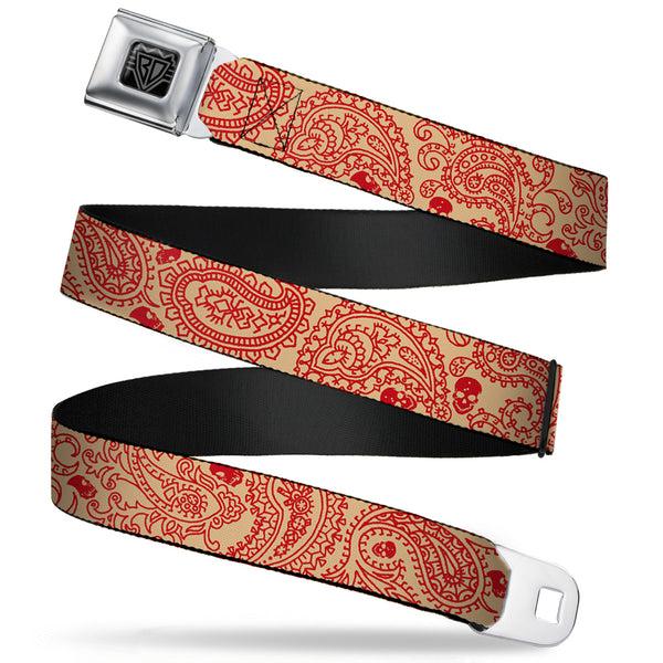 buckle down BD Wings Logo CLOSE-UP Full Color Black Silver Seatbelt Belt - Bandana/Skulls Gold/Scarlet Red Webbing