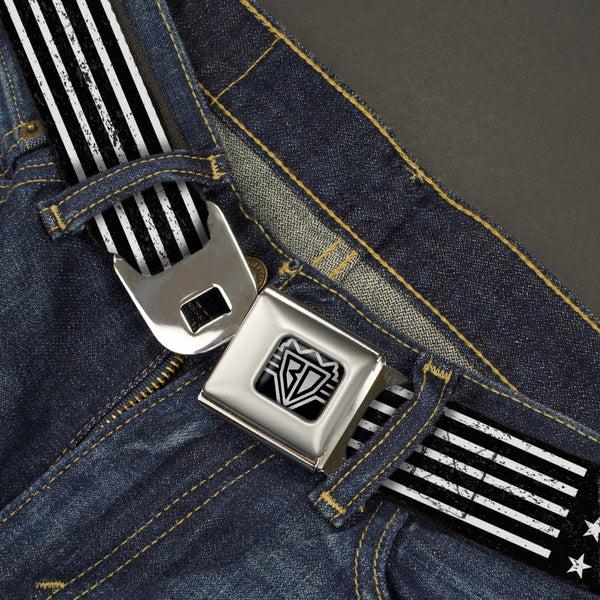 Buckle Down BD Wings Logo CLOSE-UP Full Color Black Silver Seatbelt Belt - Americana Stars & Stripes2 Weathered Black/White Webbing