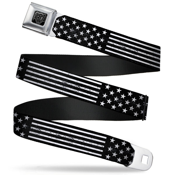 buckle down BD Wings Logo CLOSE-UP Full Color Black Silver Seatbelt Belt - Americana Stars & Stripes2 Weathered Black/White Webbing