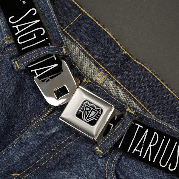 Buckle Down BD Wings Logo CLOSE-UP Full Color Black Silver Seatbelt Belt - Zodiac SAGITTARIUS/Constellation Black/White Webbing