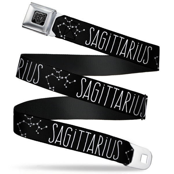 buckle down BD Wings Logo CLOSE-UP Full Color Black Silver Seatbelt Belt - Zodiac SAGITTARIUS/Constellation Black/White Webbing