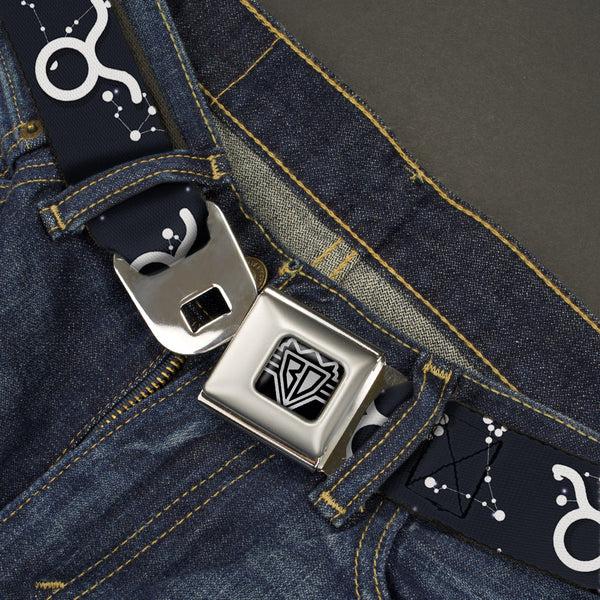Buckle Down BD Wings Logo CLOSE-UP Full Color Black Silver Seatbelt Belt - Zodiac Taurus Symbol/Constellations Black/White Webbing