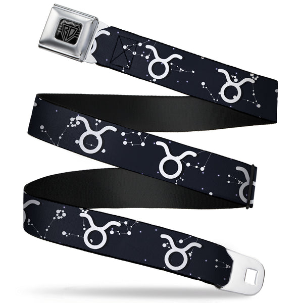 buckle down BD Wings Logo CLOSE-UP Full Color Black Silver Seatbelt Belt - Zodiac Taurus Symbol/Constellations Black/White Webbing
