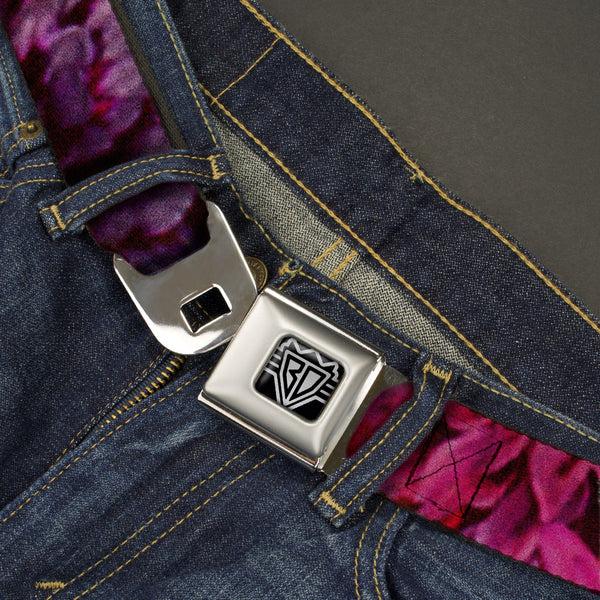 Buckle Down BD Wings Logo CLOSE-UP Full Color Black Silver Seatbelt Belt - Vivid Floral Collage Pinks Webbing