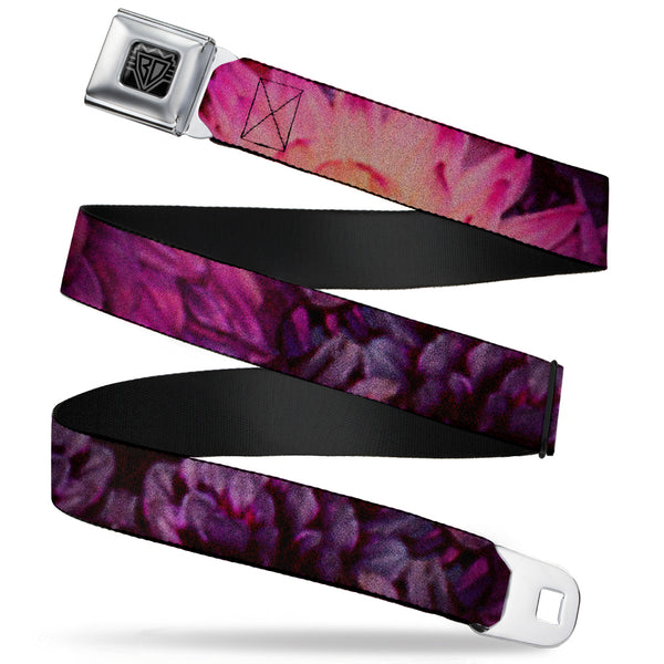 buckle down BD Wings Logo CLOSE-UP Full Color Black Silver Seatbelt Belt - Vivid Floral Collage Pinks Webbing