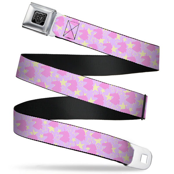 buckle down BD Wings Logo CLOSE-UP Full Color Black Silver Seatbelt Belt - Unicorn Icon Monogram/Stars Lavender/Yellow/Pink Webbing