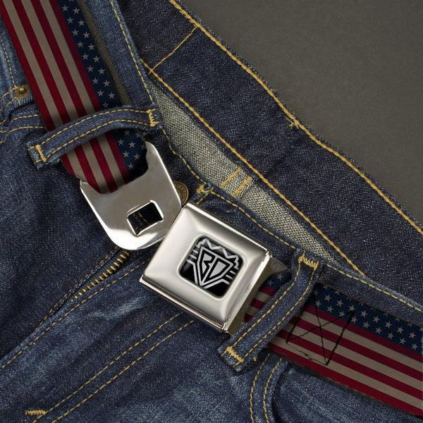 Buckle Down BD Wings Logo CLOSE-UP Full Color Black Silver Seatbelt Belt - United States Flag Stars & Stripes Distressed Webbing
