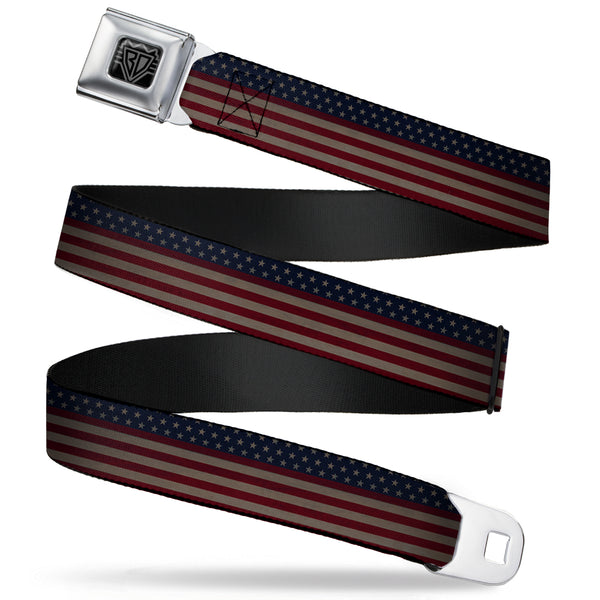 buckle down BD Wings Logo CLOSE-UP Full Color Black Silver Seatbelt Belt - United States Flag Stars & Stripes Distressed Webbing