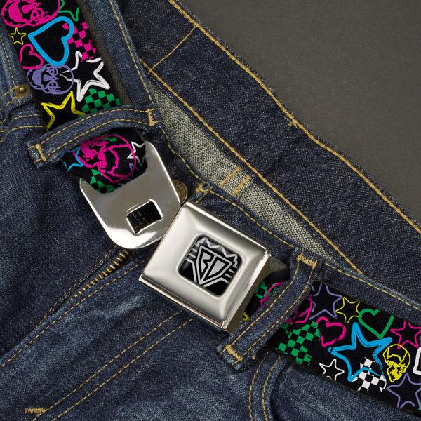 Buckle Down BD Wings Logo CLOSE-UP Full Color Black Silver Seatbelt Belt - Sketch Skull/Star/Heart/Checker Black/Multi Webbing