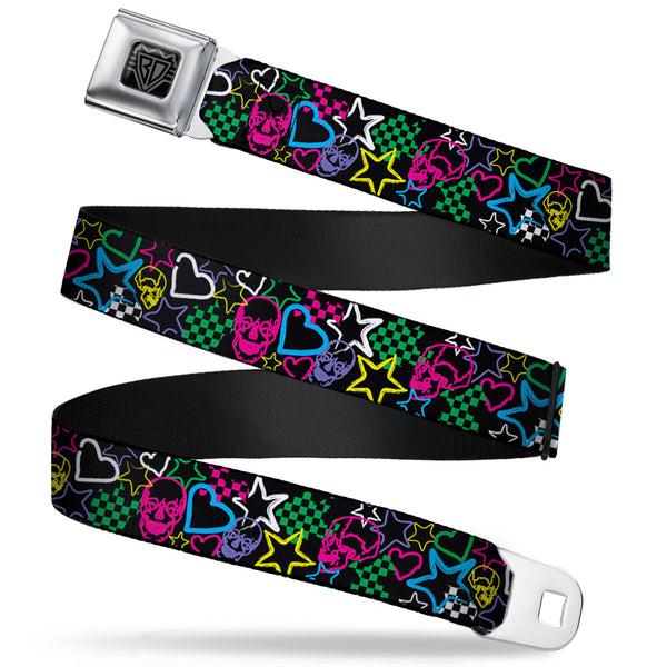 buckle down BD Wings Logo CLOSE-UP Full Color Black Silver Seatbelt Belt - Sketch Skull/Star/Heart/Checker Black/Multi Webbing
