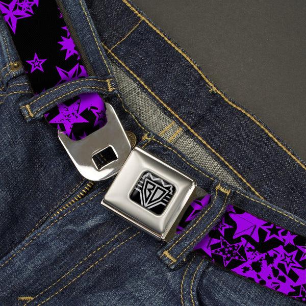 Buckle Down BD Wings Logo CLOSE-UP Full Color Black Silver Seatbelt Belt - Stargazer Black/Purple Webbing